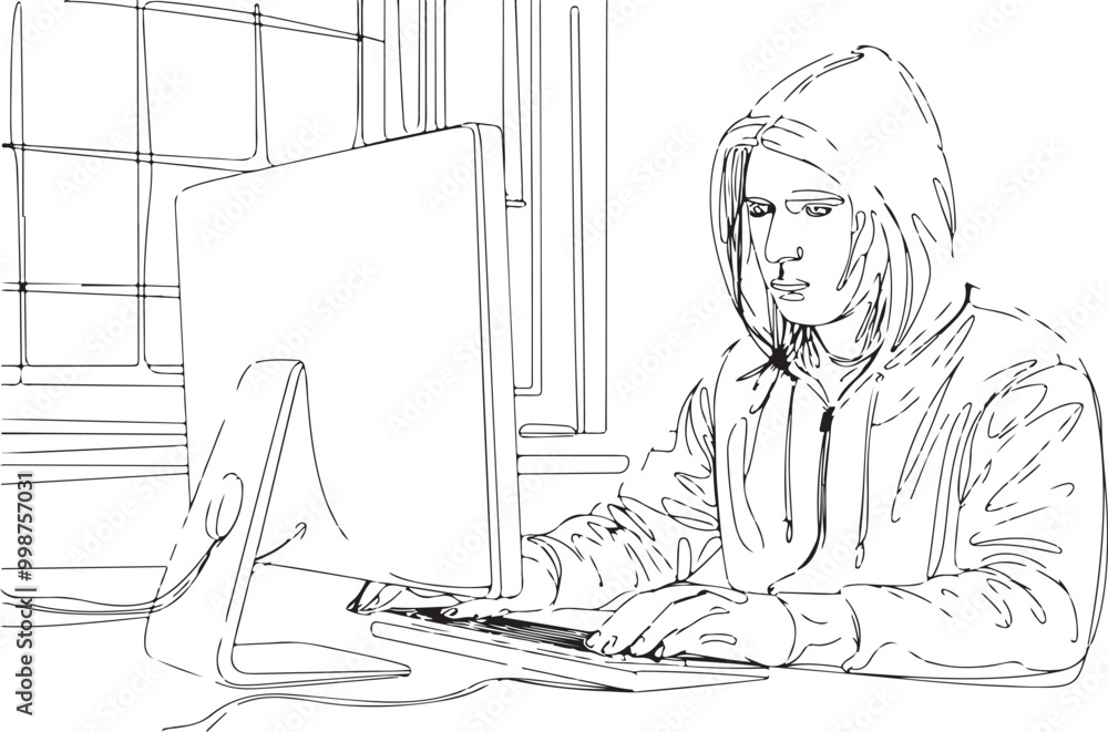 continuous single line drawing of computer hacker stereotype, line art ...
