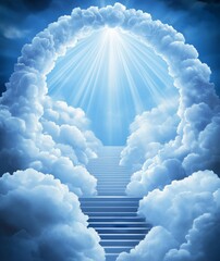 Wall Mural - staircase leading into the sky surrounded by white clouds and rays of light, with cloud archways cre