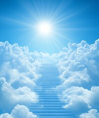 Wall Mural - ethereal staircase ascending into a blue sky surrounded by white clouds, bathed in bright sunshine, 