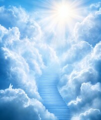 Wall Mural - ethereal staircase ascending into a blue sky surrounded by white clouds, bathed in bright sunshine, 