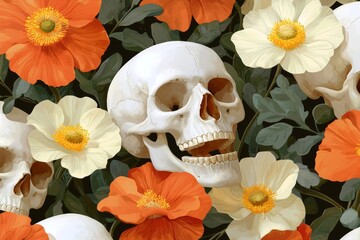 Wall Mural - Stock illustration of skulls and flowers on a seamless background.