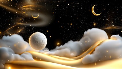 Wall Mural - an endless pattern of the night sky with gold foil constellations, stars, and clouds. generate an ai