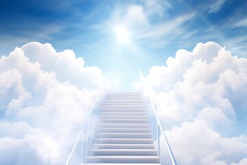 Wall Mural - ethereal staircase ascending into a blue sky surrounded by white clouds, bathed in bright sunshine, 