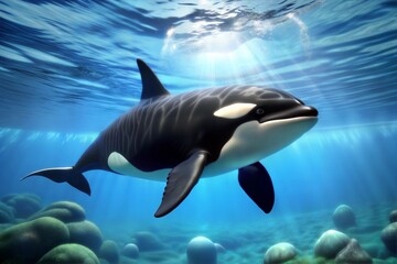 Close-up of killer whale swimming in sunlit ocean waters