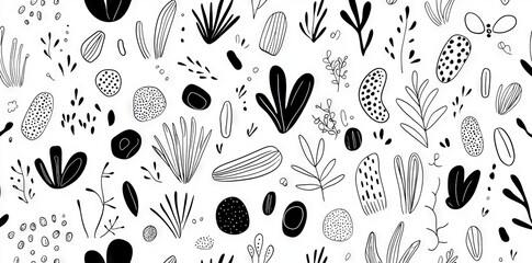 Wall Mural - In black and white, hand drawn flower art seamless pattern illustration. Vintage floral nature background painted with acrylic paint in a vintage style. Spring painting.