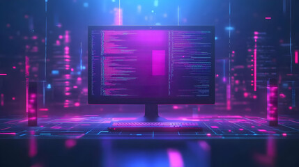 Computer Screen Displaying Lines of Code in a 3D Futuristic Setting with Glowing Neon Lights