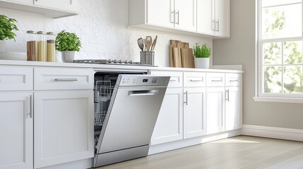 In a modern kitchen, a dishwashing machine is open and integrated