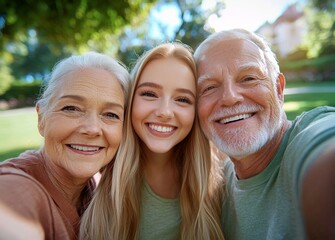 A family, selfie and elderly people with a picnic in a park with bonding, social media and a post. Portrait of elderly parents with love, care, and support on lawn.