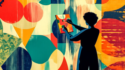 female artist painting on canvas in front of colorful geometric mural