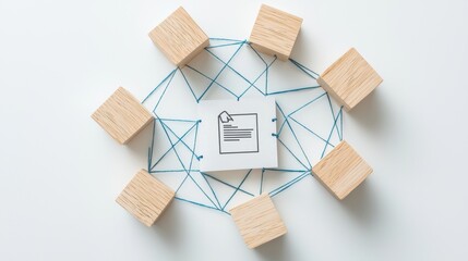 Wall Mural - Concept image of a Word document on a wooden block with user connections represented by blue strings. White background. 3D rendering.