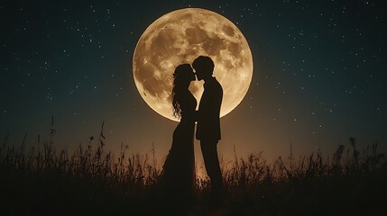 Wall Mural - silhouette of a couple kissing in front of a full moon and starry night sky.