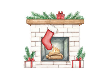 Wall Mural - Festive fireplace with stockings, gifts, and holiday decorations isolated on transparent background.