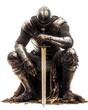 © STARDUST - A knight in gleaming armor, kneeling with a sword planted in the ground, paying homage, isolated on white background.