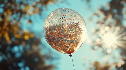 A translucent balloon filled with confetti, floating in the air with sunlight passing through