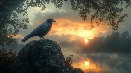 Poster - Raven at Sunset Over Misty River - Nature Photography