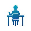 © Sunday Cat Studio - A simple icon of a person sitting at a desk with a laptop, representing remote work and digital communication, transparent background.