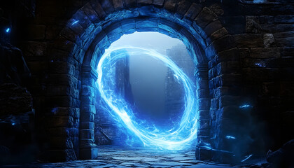 ancient stone archway with swirling blue energy representing a gateway to another dimension and the mysteries that lie beyond