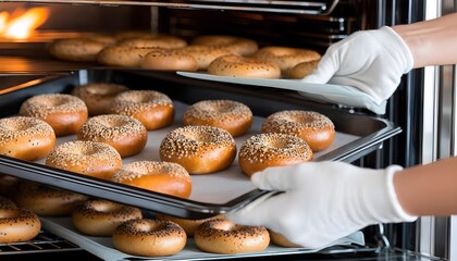 Freshly Baked Sesame Bagels Coming Out of the Oven