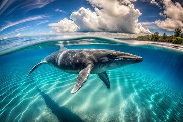 Whale swimming in crystal clear turquoise waters beneath blue skies