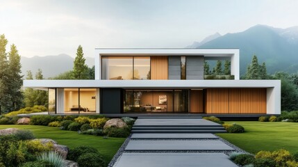 Wall Mural - Modern House with Scenic Mountain Landscape