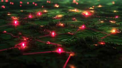 Wall Mural - A futuristic, aerial view of a rural landscape with glowing red dots and lines connecting them, suggesting a network of interconnected systems.