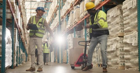 Sticker - Warehouse logistics, men and greeting with clipboard and shipping trolley for stock inspection. Supply chain, people and inventory management with paperwork for delivery and employee fist pump