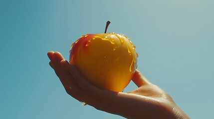 Hand holding a red and yellow apple covered in honey against a blue sky.