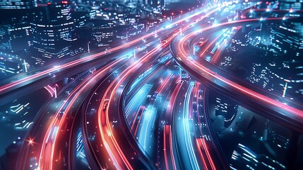 Wall Mural - Aerial view of a vibrant city highway at night with colorful light trails from moving vehicles.