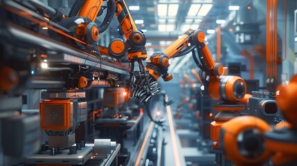 Wall Mural - A futuristic industrial scene featuring robotic arms working on an assembly line in a high-tech environment.