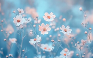 Wall Mural - A soft blue background with delicate flowers, creating an ethereal and dreamy atmosphere The focus is on the delicate petals of various small white or pink wildflowers scattered across Generative AI