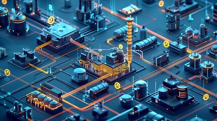 Wall Mural - A vibrant, detailed representation of an industrial complex with interconnected structures and glowing elements.