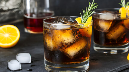 two glasses of Cuba Libre cocktail with ice cubes and lemon on bar counter, Mixed drinks on counter. Whiskey-cola, cuba libre cold drinks with rosemary and orange slices