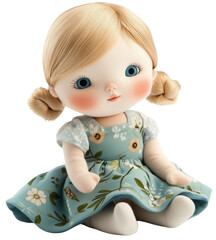 Wall Mural - Cute Doll with Blonde Hair and Blue Dress, isolated on transparent background.