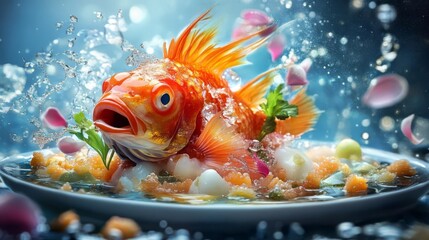 Vibrant goldfish splashing in water, surrounded by petals and herbs, showcasing a dynamic and artistic aquatic scene.