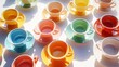 © Melon - A vibrant collection of colorful teacups and saucers arranged artistically, perfect for showcasing modern dining aesthetics.