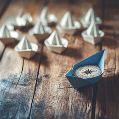 Leadership and guidance concept, paper boats with compass on wooden table, blue origami boat leading others, symbolic navigation and direction, teamwork and strategy, motivational image

