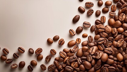 coffee beans scattered on a light background with space for text