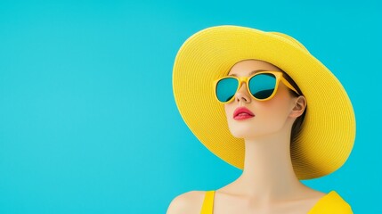 woman in yellow hat and sunglasses against a blue background