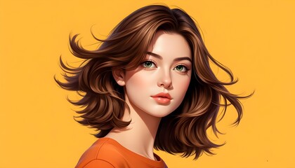 Vibrant portrait of a young woman with brown hair and striking green eyes against a cheerful yellow backdrop