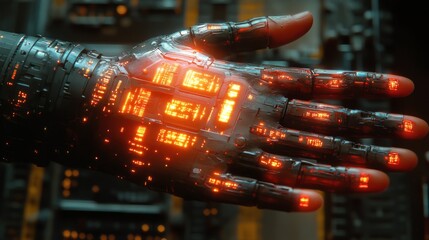 Poster - Cybernetic Hand with Glowing Orange Lights