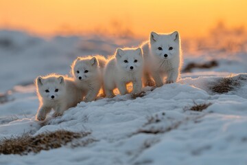 four adorable arctic foxes walk together in the snow at sunset. their fluffy white fur stands out ag