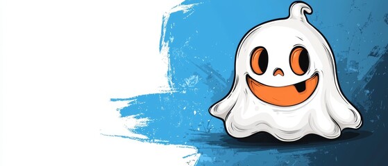 Sticker -  A cartoon ghost with orange eyes and smiling face stands before a blue backdrop