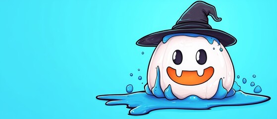 Sticker -  A witch's hat-adorned egg in a puddle on a blue backdrop