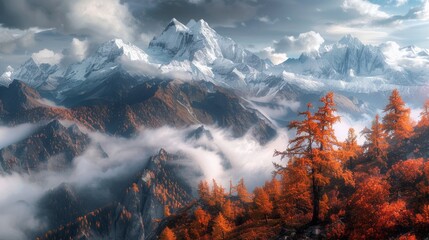 Wall Mural - A mountain range covered in snow and trees with a few orange leaves on the trees