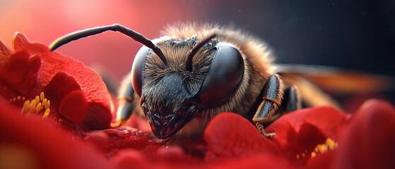 Poster -  A bee, up close, atop a red bloom Eyes concealed Head askew