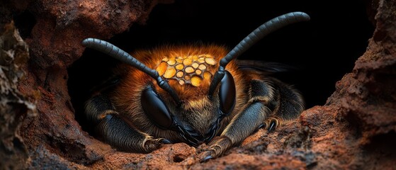 Wall Mural -  A tight shot of a bee perched atop a rock, its head protruding from a burrowed hole