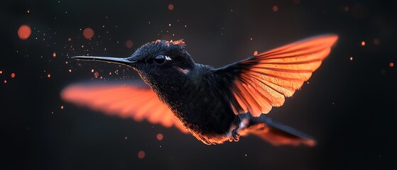 Poster -  A close-up of a hummingbird flying in the air with its wings fully spread