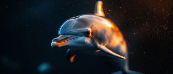 Wall Mural - Dolphin in dark room, light illuminates back end