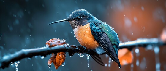 Sticker -  A vibrant bird perches atop a tree branch, dripping with water An adjacent branch showcases an orange-blue bird with its tip adorned