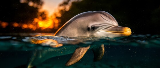 Wall Mural -  A tight shot of a dolphin swimming in a water body, against the backdrop of a sunset, and surrounded by trees